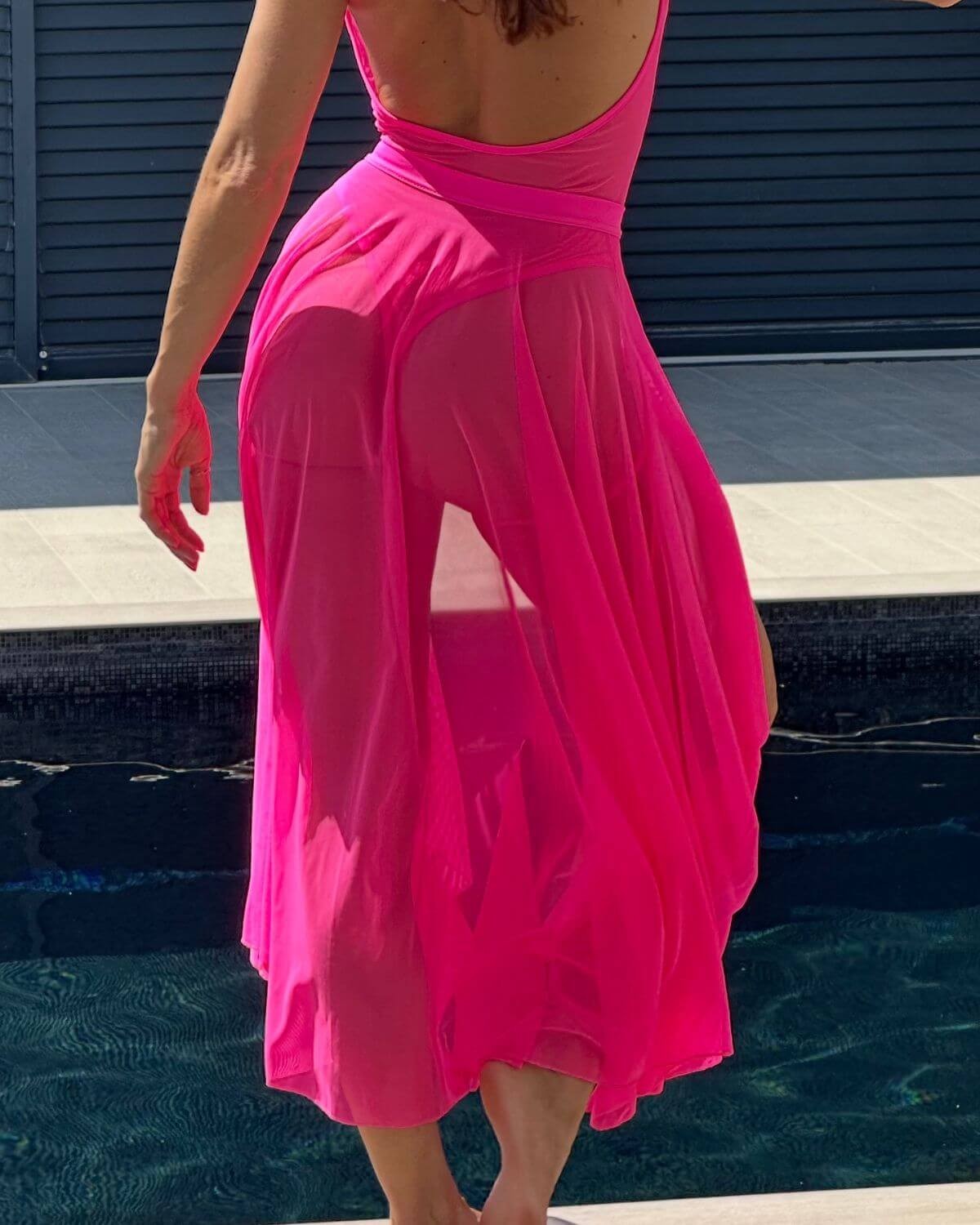 jupe longue en voile fluo néon, rose, paradise boutik, zoom dos