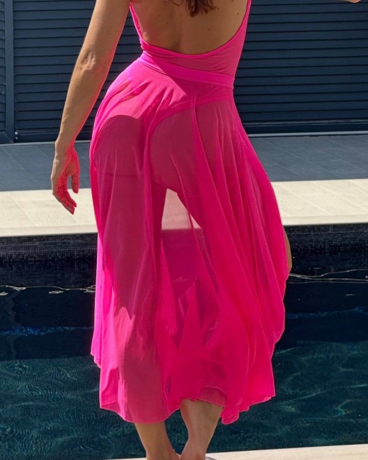 jupe longue en voile fluo néon, rose, paradise boutik, zoom dos