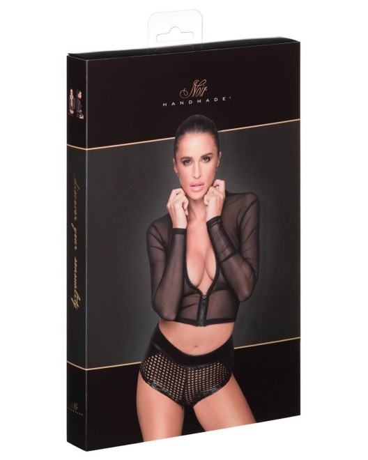 Crop top zippé manches longues, Noir Handmade, F220, boîte
