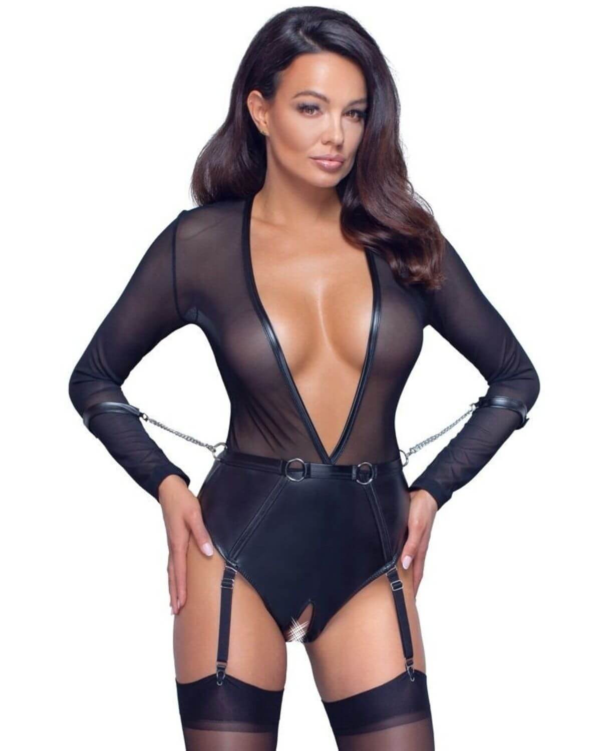 body porte-jarretelles avec menottes, Cottelli Bondage, noir, mannequin pose