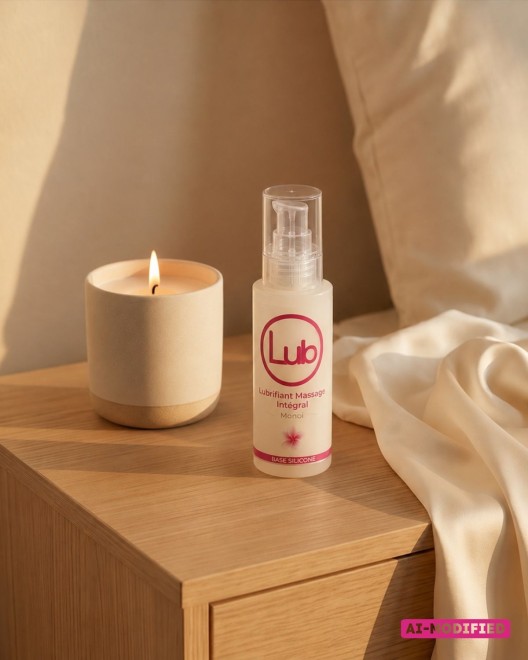 photo produit, lubrifiant, LB, Monoï, 125ml, ambiance, table chevet, massage intégral