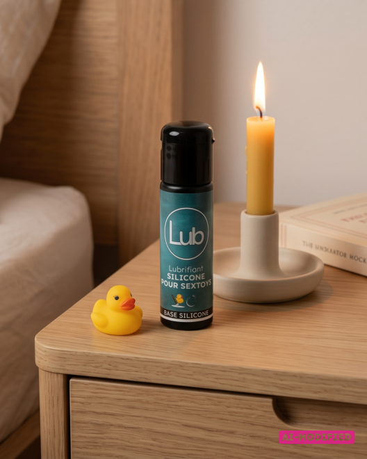 Photo produit d'ambiance sur une table de chevet du lubrifiant Lub silicone for sextoys
