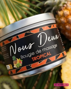 Bougie de massage senteur tropical zoom sur l'étiquette