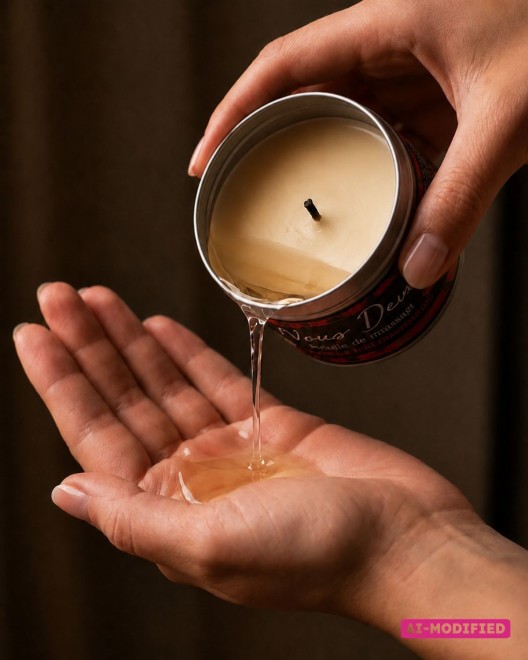 Bougie de massage sensuelle senteur vin pétillant à la fraise transformée en huile de massage