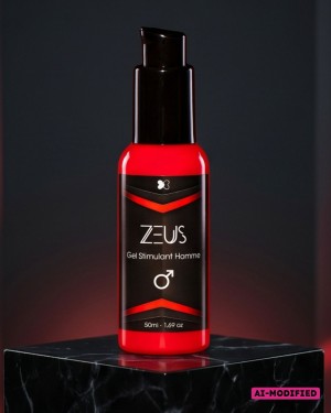 Gel stimulant pour Homme Zeus, présentation produit socle en marbre