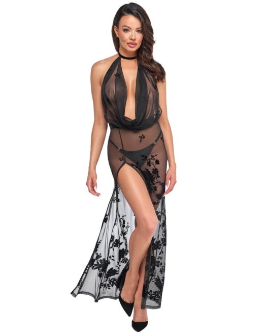 robe longue décolletée en tulle floqué Divinity, Noir Handmade, F312, devant