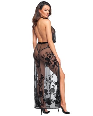 robe longue décolletée en tulle floqué Divinity, Noir Handmade, F312, dos
