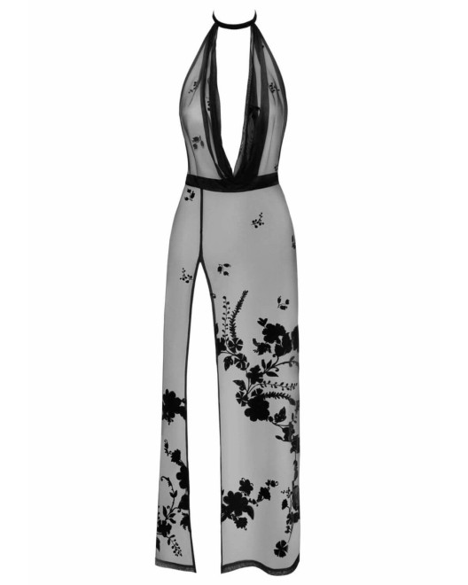 robe longue décolletée en tulle floqué Divinity, Noir Handmade, F312, vue face