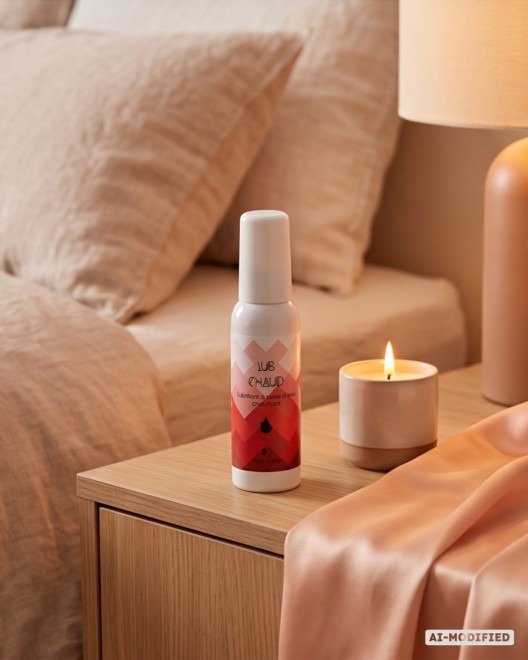 photo produit, lubrifiant, base eau, chauffant, ambiance, table chevet