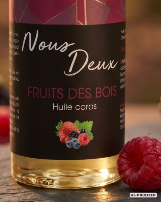 huile de massage sensuelle et gourmande senteur fruit des bois zoom sur l'étiquette