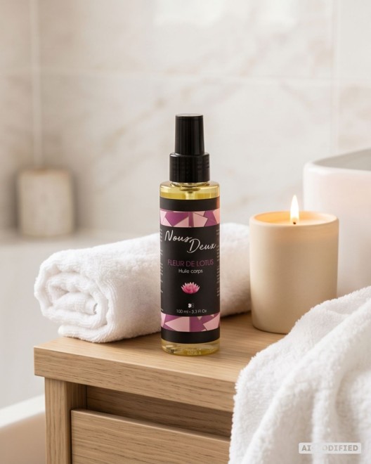 huile de massage sensuelle senteur fleur de lotus, présentation produit salle de bain