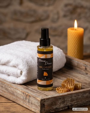 Huile de massage sensuelle et gourmande senteur miel crémeux, présentation produit salle de bain