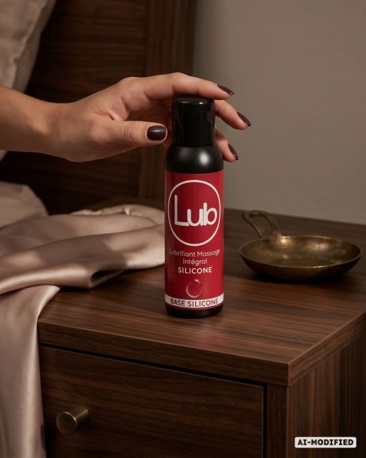 photo produit, lubrifiant, LUB, 250ml, grand format, ambiance, table chevet, main