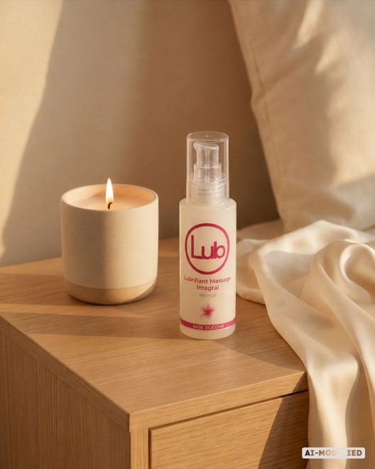photo produit, lubrifiant, LB, Monoï, 125ml, ambiance, table chevet, massage intégral