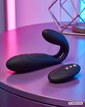 stimulateur pour couple télécommandé All In, Paradise Boutik, noir, posé sur table