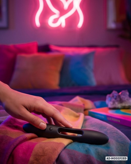 stimulateur pour couple télécommandé All In, Paradise Boutik, noir, posé sur lit