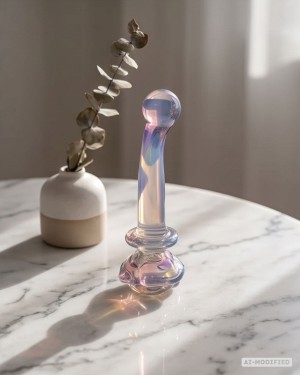 dildo en verre nacré, Glassia bloom, paradise Boutik, sur une table