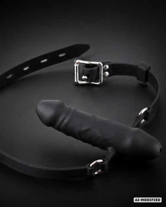 bâillon godemichet en silicone, noir, Paradise Boutik, photo studio