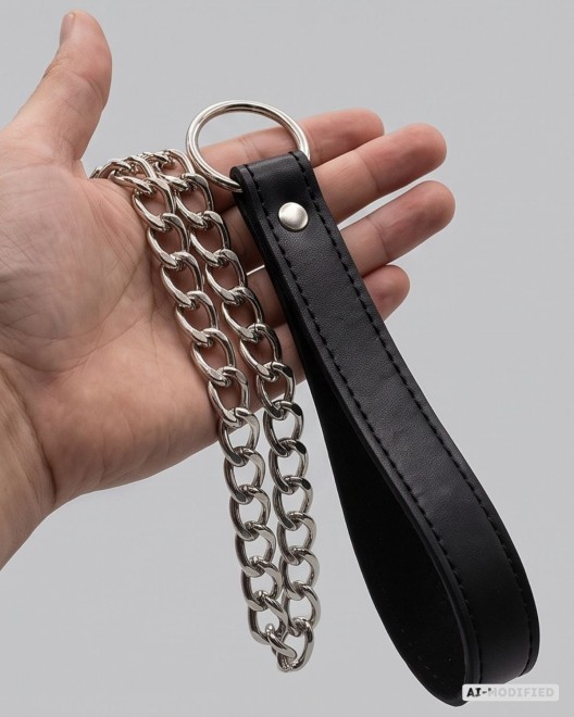laisse bdsm avec cockring en simili cuir, Captive Paradise boutik, dans une main