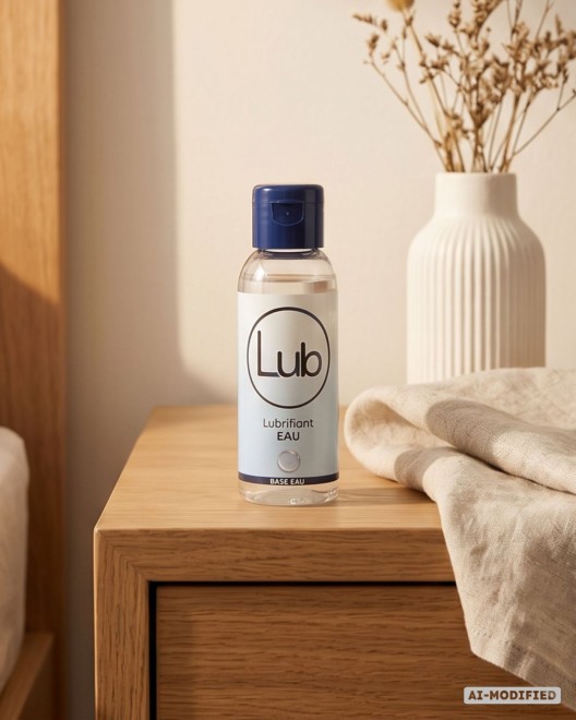 photo produit, lubrifiant, LUB, base, eau, 50ml, petit format, posé, table chevet