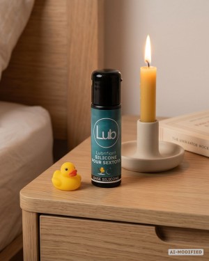 Photo produit d'ambiance sur une table de chevet du lubrifiant Lub silicone for sextoys