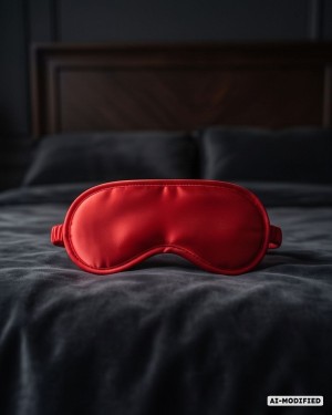 masque érotique en satin, rouge, Paradise boutik, Captive, sur lit