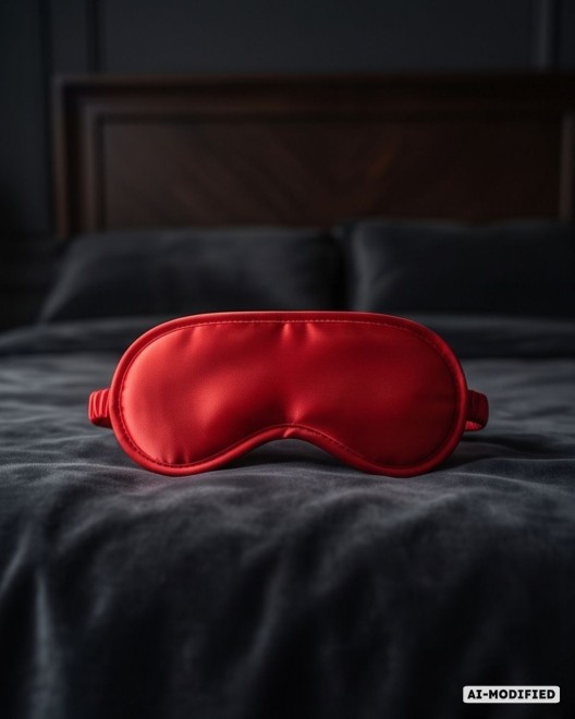 masque érotique en satin, rouge, Paradise boutik, Captive, sur lit