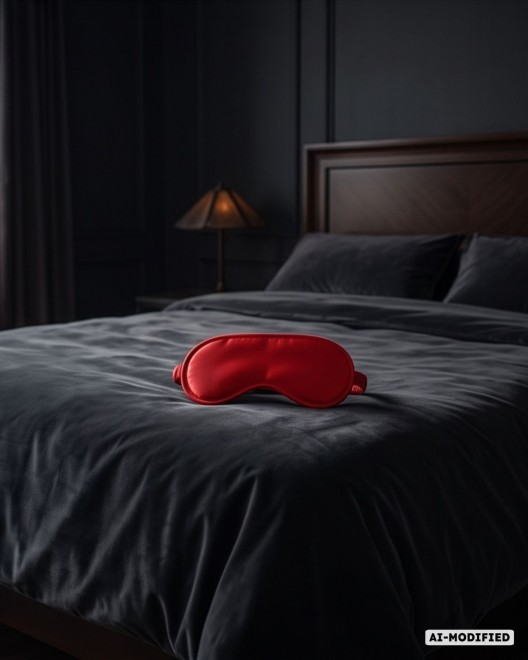 masque érotique en satin, rouge, Paradise boutik, Captive, ambiance chambre