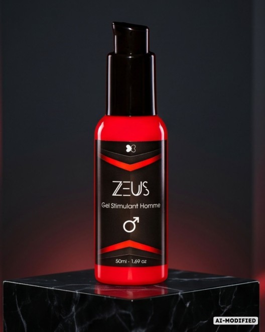 Gel stimulant pour Homme Zeus, présentation produit socle en marbre