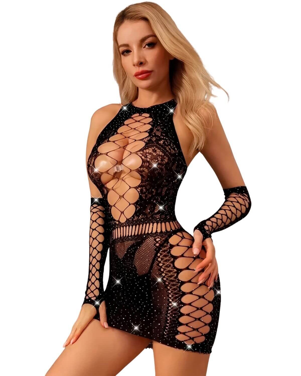 robe filet et manches en résille strass, noir, Paradise boutik, devant