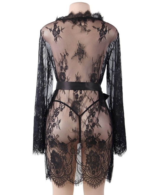 kimono en dentelle et string, noir, Paradise boutik, derrière