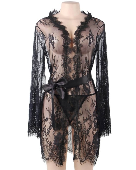kimono en dentelle et string, noir, Paradise boutik, devant