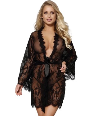 kimono en dentelle et string, noir, Paradise boutik, mannequin vue face