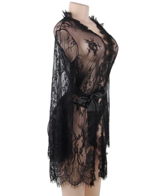 kimono en dentelle et string, noir, Paradise boutik, profil