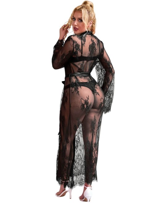 kimono long en dentelle, noir Paradise Boutik, mannequin de dos