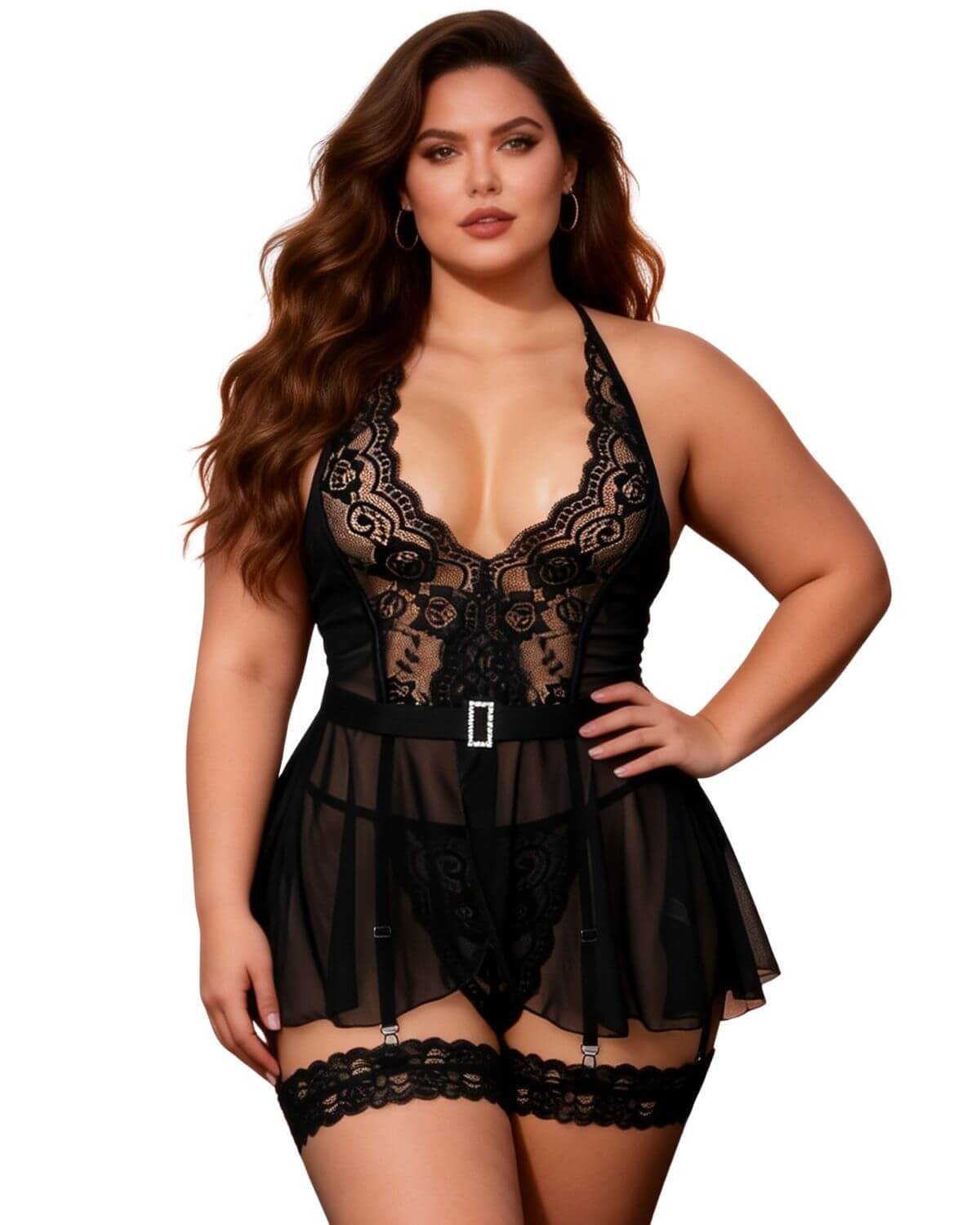 nuisette porte-jarretelles et jarretières, noir, paradise boutik, vue face