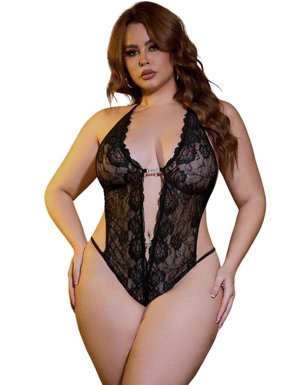 body ouvert en dentelle et strass, noir, paradise boutik, mannequin grande taille vue face