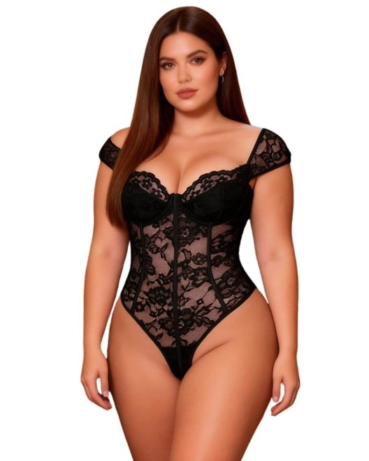 body top en dentelle à armatures, noir, paradise boutik, mannequin grande taille