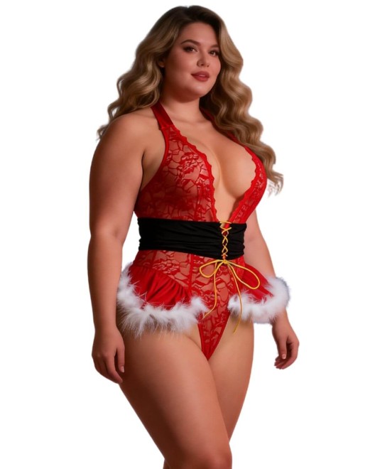 body de noel sexy, rouge, paradise boutik, mannequin grande taille, vue de face