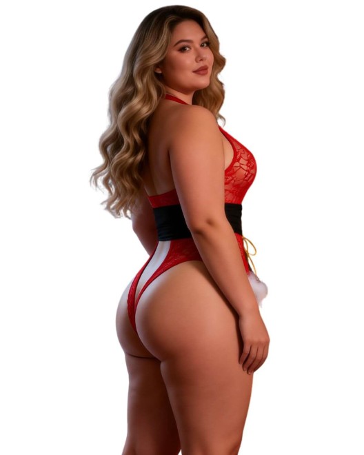 body de noel sexy, rouge, paradise boutik, mannequin grande taille, vue de dos