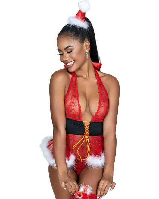 body de noel sexy, rouge, paradise boutik, mannequin femme