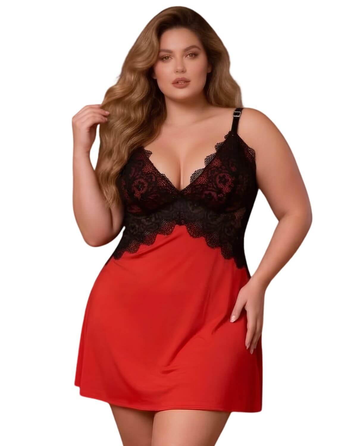 nuisette sexy grande taille, paradise boutik, rouge et noire, mannequin vue face