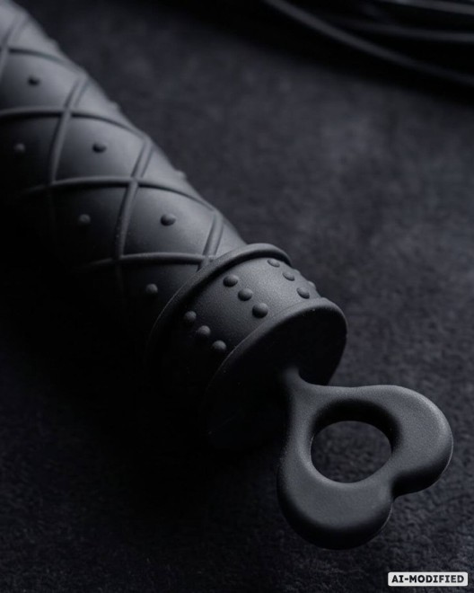 fouet bdsm en silicone, lanières fines, noir, Captive, paradise boutik, zoom manche embout