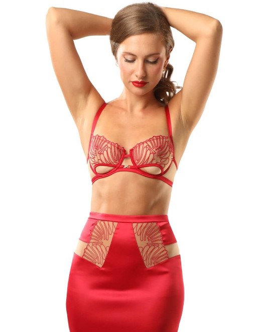soutien-gorge corbeille, collection Rouge Interdit, Prelude Lingerie, porté avec jupe assortie