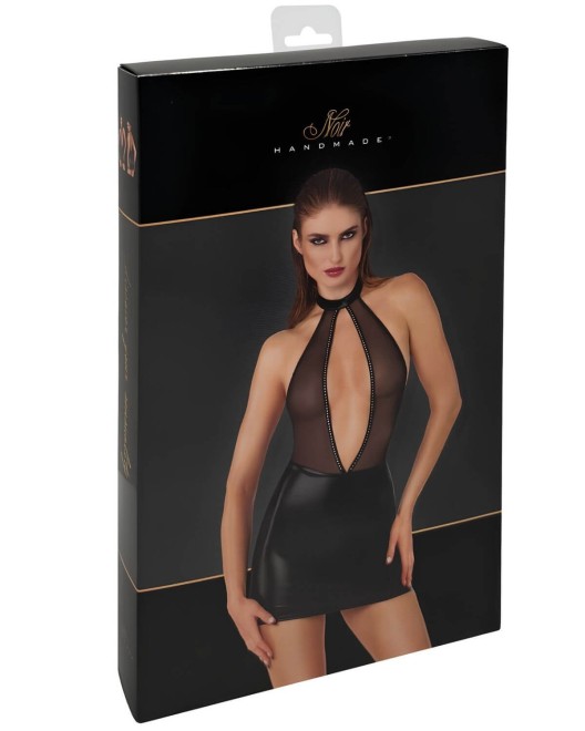 robe wetlook et décolleté transparent à strass, Noir handmade, boîte