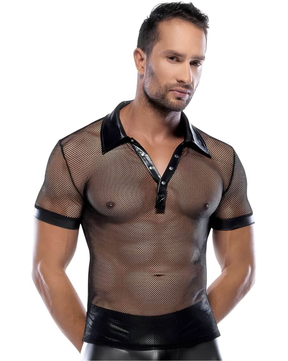 chemise homme en résille et wetlook, noir, Svenjoyment, vue de face