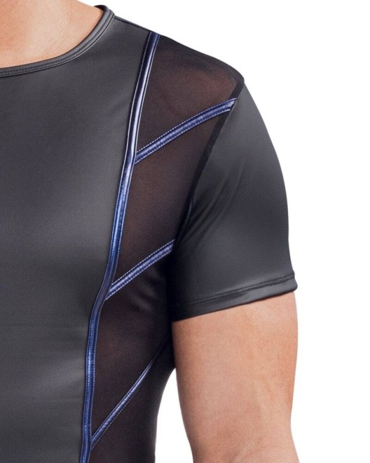 t-shirt homme en wetlook et résille liserée, Nek, zoom sur manche courte