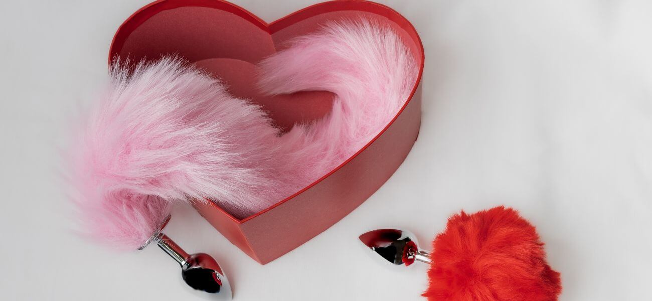 deux plugs à queue dans une boîte rouge en forme de coeur